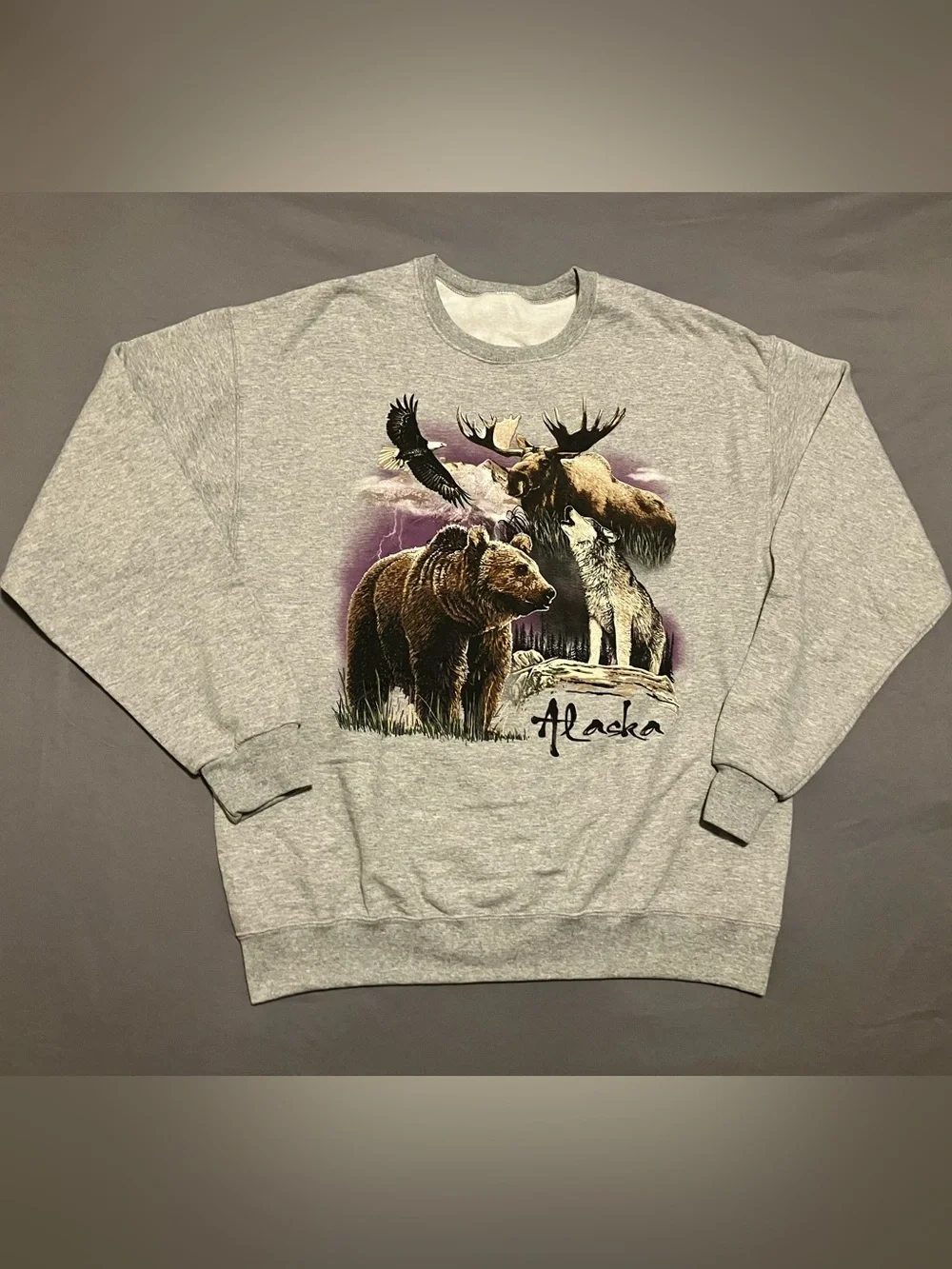 Y2K Vintage Alaska Wildlife Graphic Crewneck Moose Bear Eagle XL